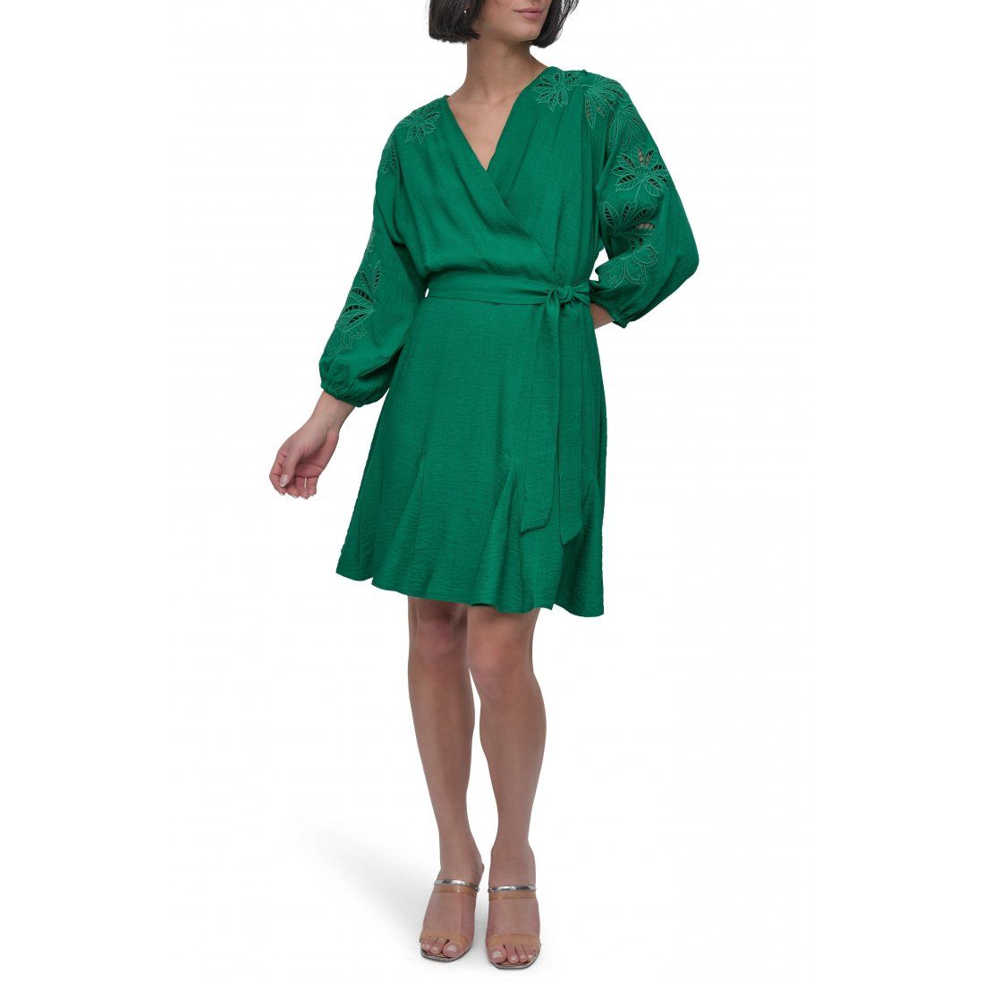 Dkny - Robe mini 'Eyelet Long Sleeve Faux Wrap' pour Femmes