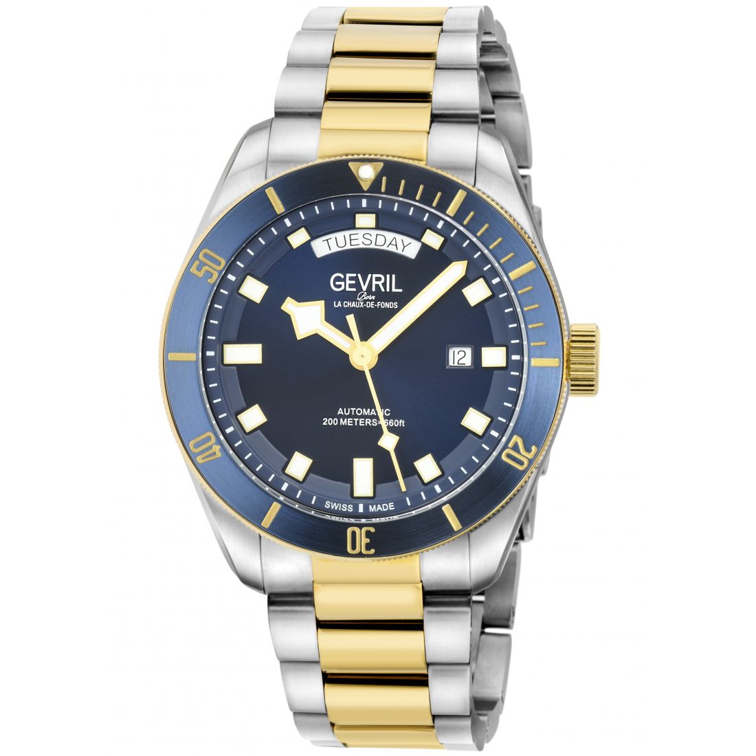Gevril - Men's Yorkville 316L SS Case, Black Ring, Black Sunray Dial, 316L Stainless Steel Satin Bracelet Watch