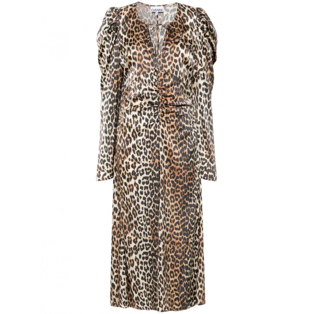 Ganni - Robe Midi 'Leopard-Print Ruched' pour Femmes