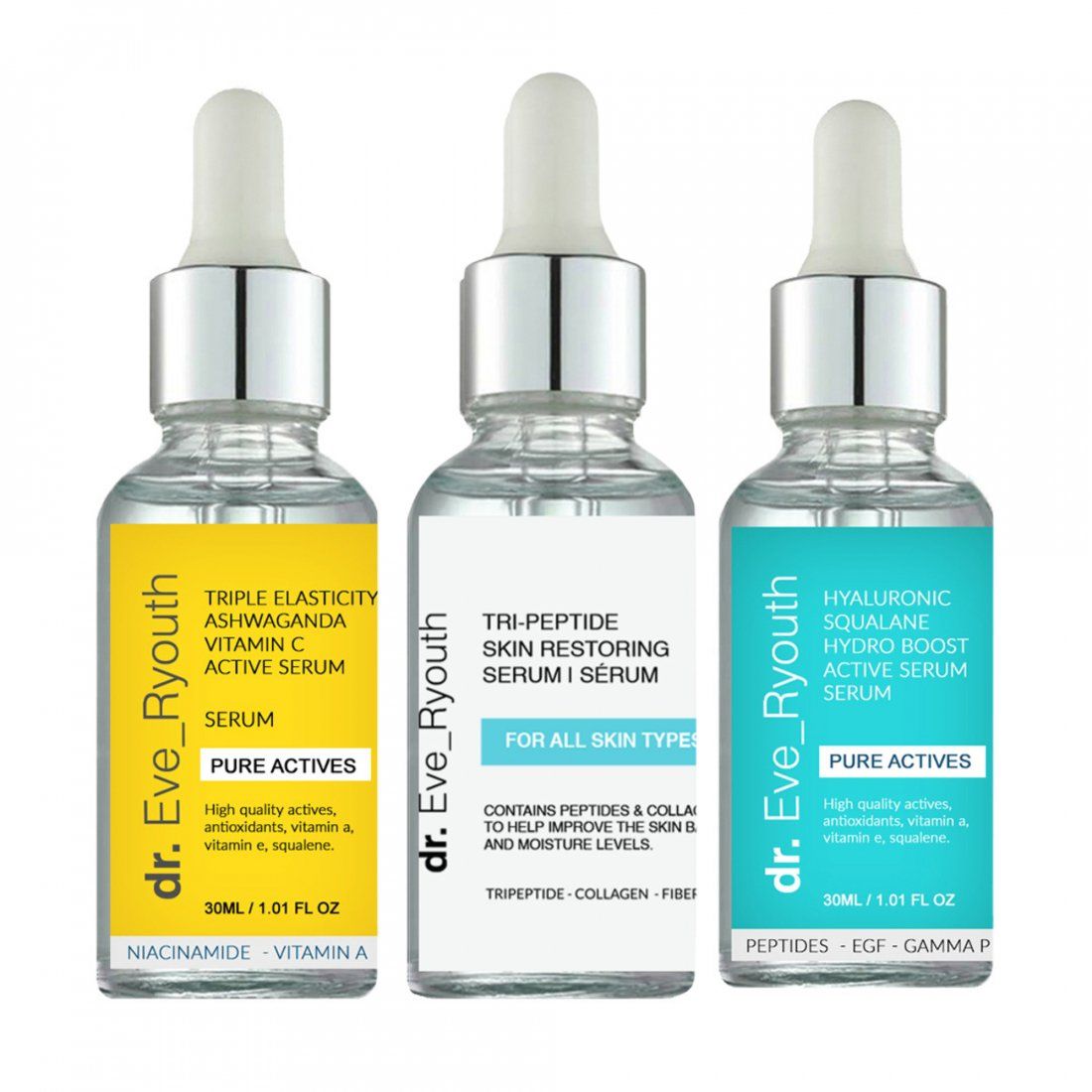 Dr. eve_ryouth - Set de sérum 'Hyaluronic Acid Squalane Hydro Boost Active + Triple Elasticity' - 30 ml, 3 Pièces
