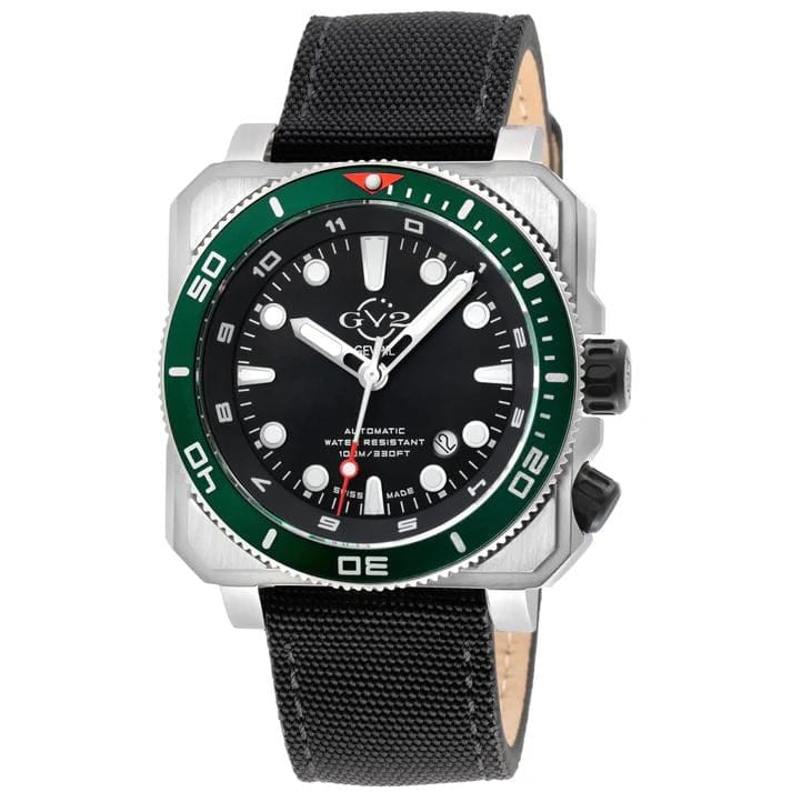 Gevril - Men's XO Submarine Ss Case, SS/GRN Bezel, Black Dial, Genuine Black Canvas Strap Watch