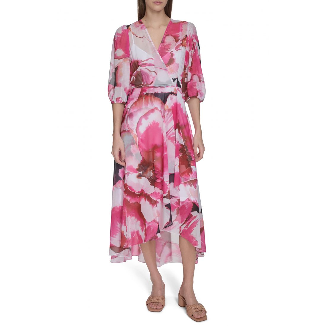 Calvin klein - Robe Midi 'Floral Chiffon Faux Wrap' pour Femmes