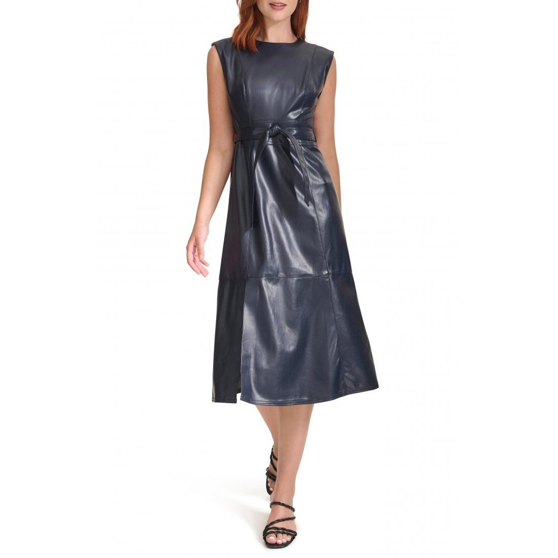 Calvin klein - Robe Midi 'Faux Leather Sleeveless Belted' pour Femmes