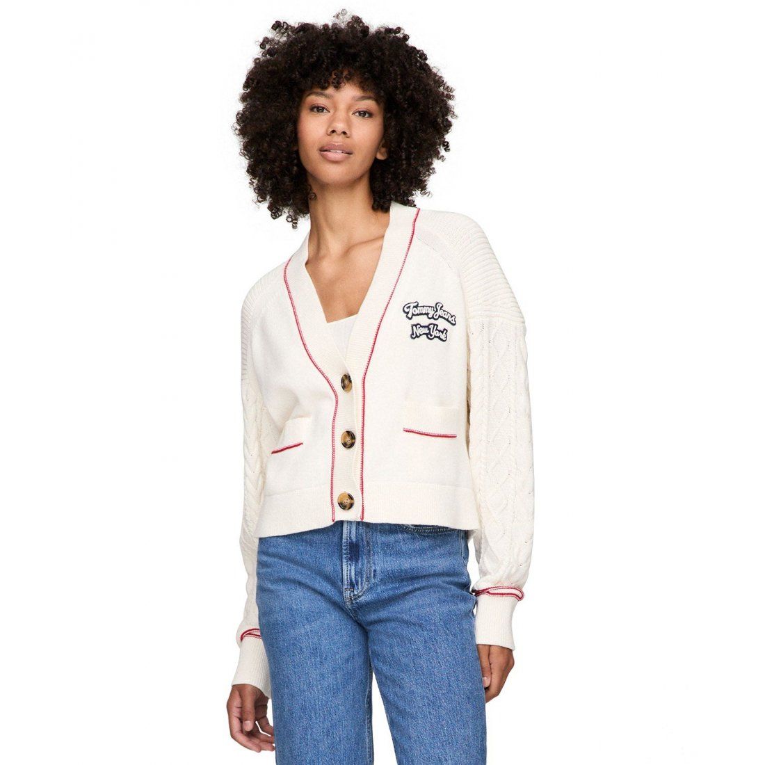 Tommy jeans - 'Prep Cotton Varsity Embroidered Cable-Knit Cardigan' pour Femmes