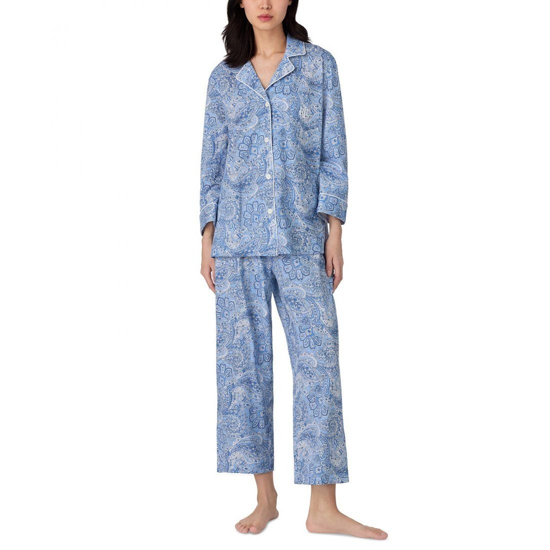 Lauren ralph lauren - 'Womens 3/4 Sleeve Cotton Notch Collar Capri Pant Pajama Set' pour Femmes