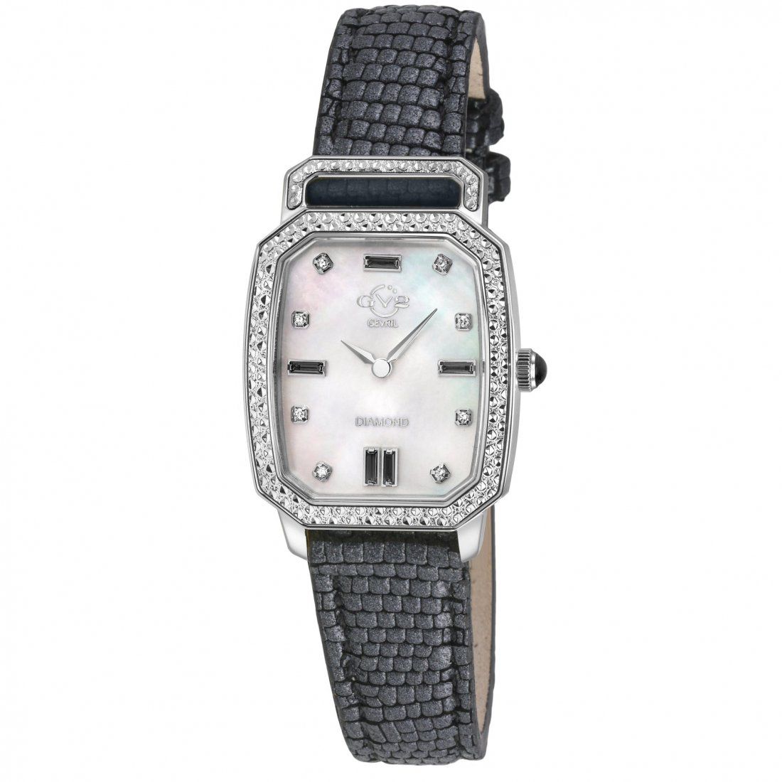 Gevril - Women's Pavia Diamond Watch, SS Case, White MOP Dial, Black Handmade Italian Leather Strap Watch
