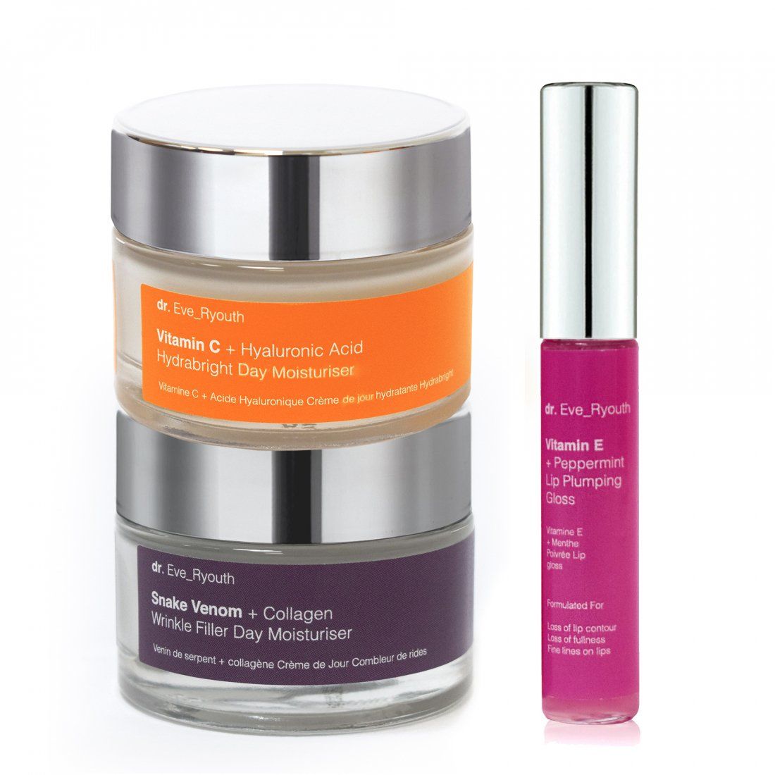 Dr. eve_ryouth - Brillant à lèvres volumateur, Combleur de rides, Hydratant de jour 'Vitamin C + Hyaluronic + Snake Venom + Collagen + Vit E' - 3 Pièces