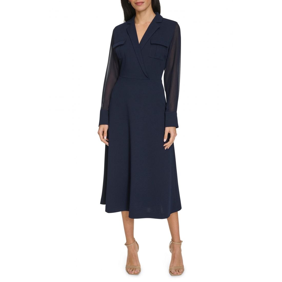 Calvin klein - 'Long Sleeve Mixed Media A-Line Midi Dress' pour Femmes