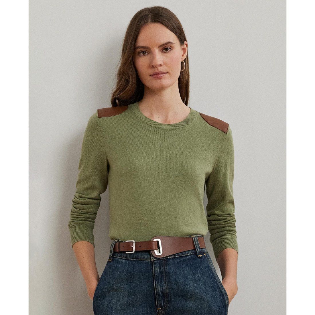 Lauren ralph lauren - 'Faux-Leather-Trim Cotton-Blend Sweater' pour Femmes