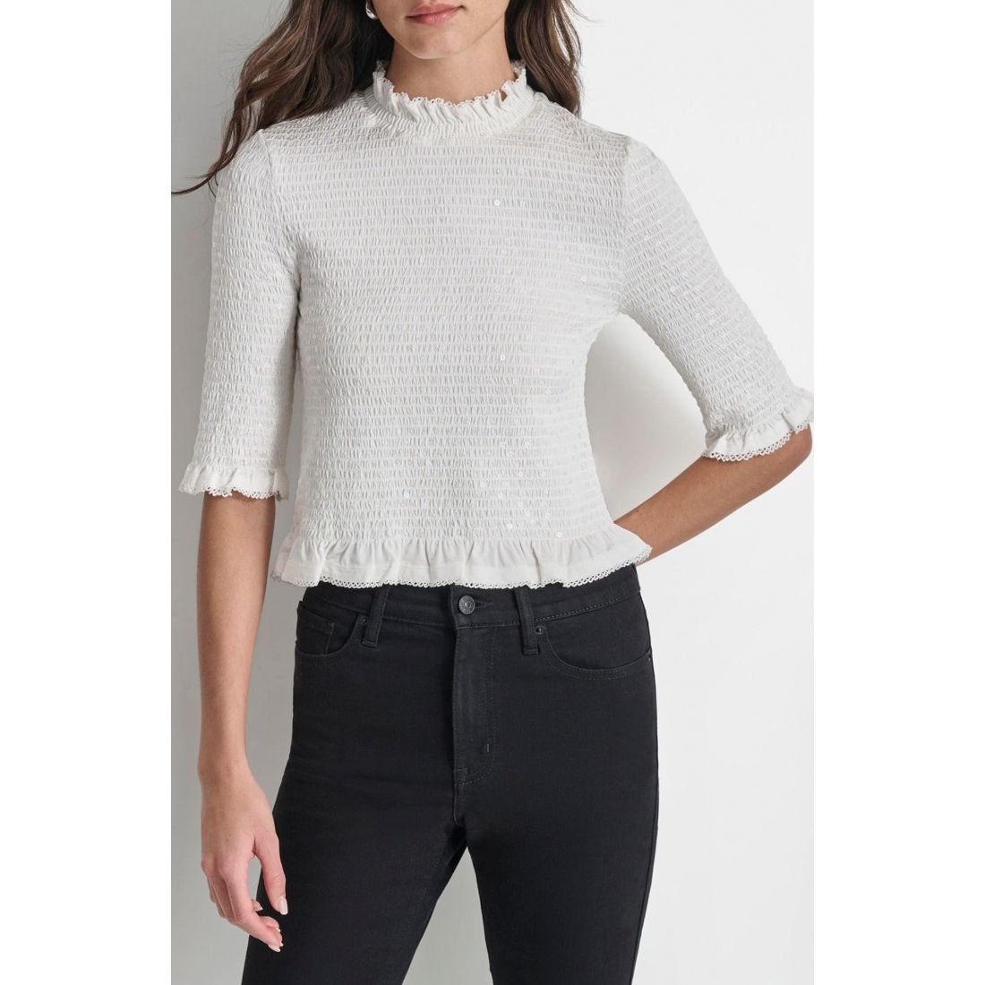 Dkny jeans - Top à manches 3/4 'Smocked Sequin' pour Femmes