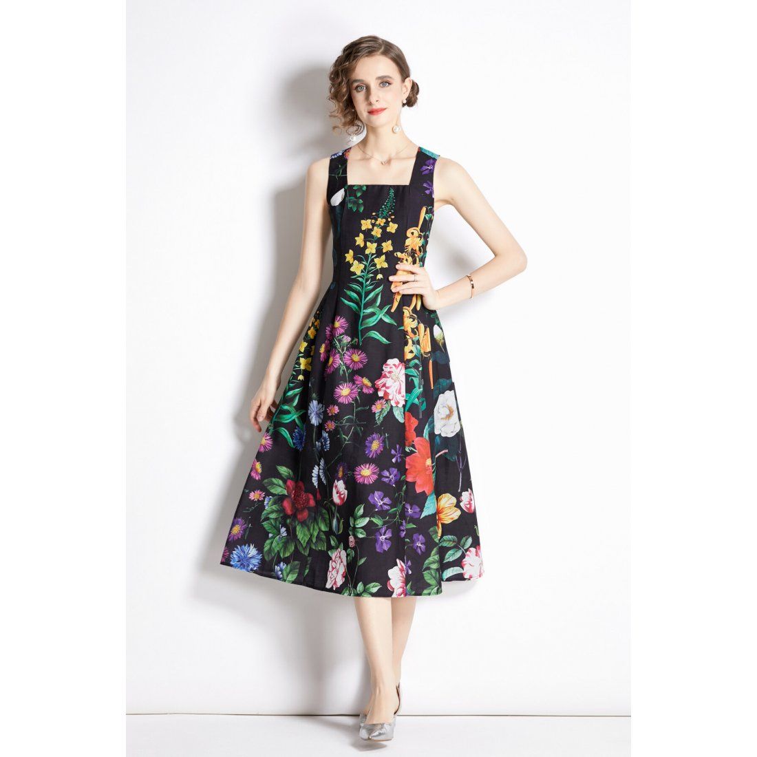 Dza - Robe 'French Vintage Floral High-Waisted Spaghetti Strap' pour Femmes