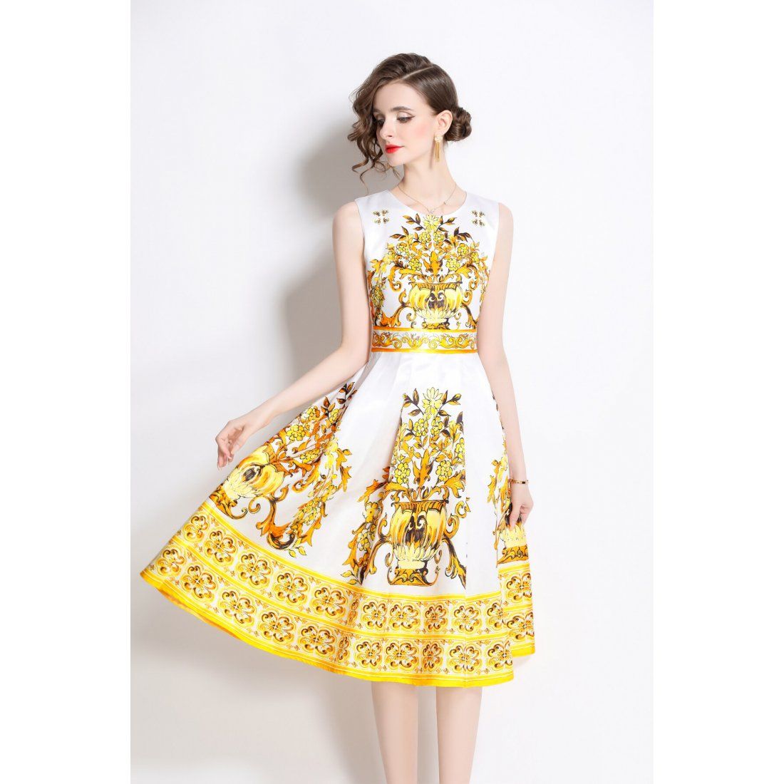 Dza - Robe Midi 'Vintage Sleeveless Waist-Cinching Floral' pour Femmes