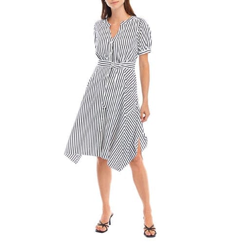 Karl lagerfeld paris - 'V-Neck Striped Cotton Fit and Flare Dress' pour Femmes