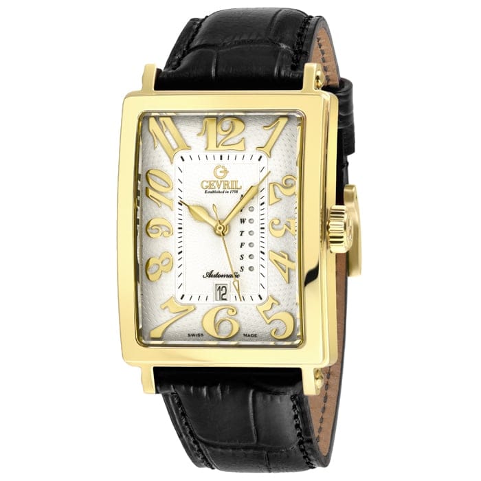 Gevril - Men's Avenue of America's IPYG Case, Silver/Gold Dial, Genuine Italian Handmade Leather Strap Watch