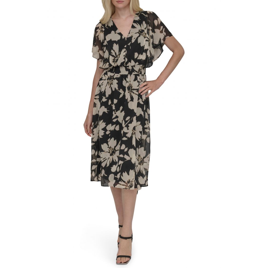 Dkny - Robe Midi 'Smocked Flutter Sleeve' pour Femmes