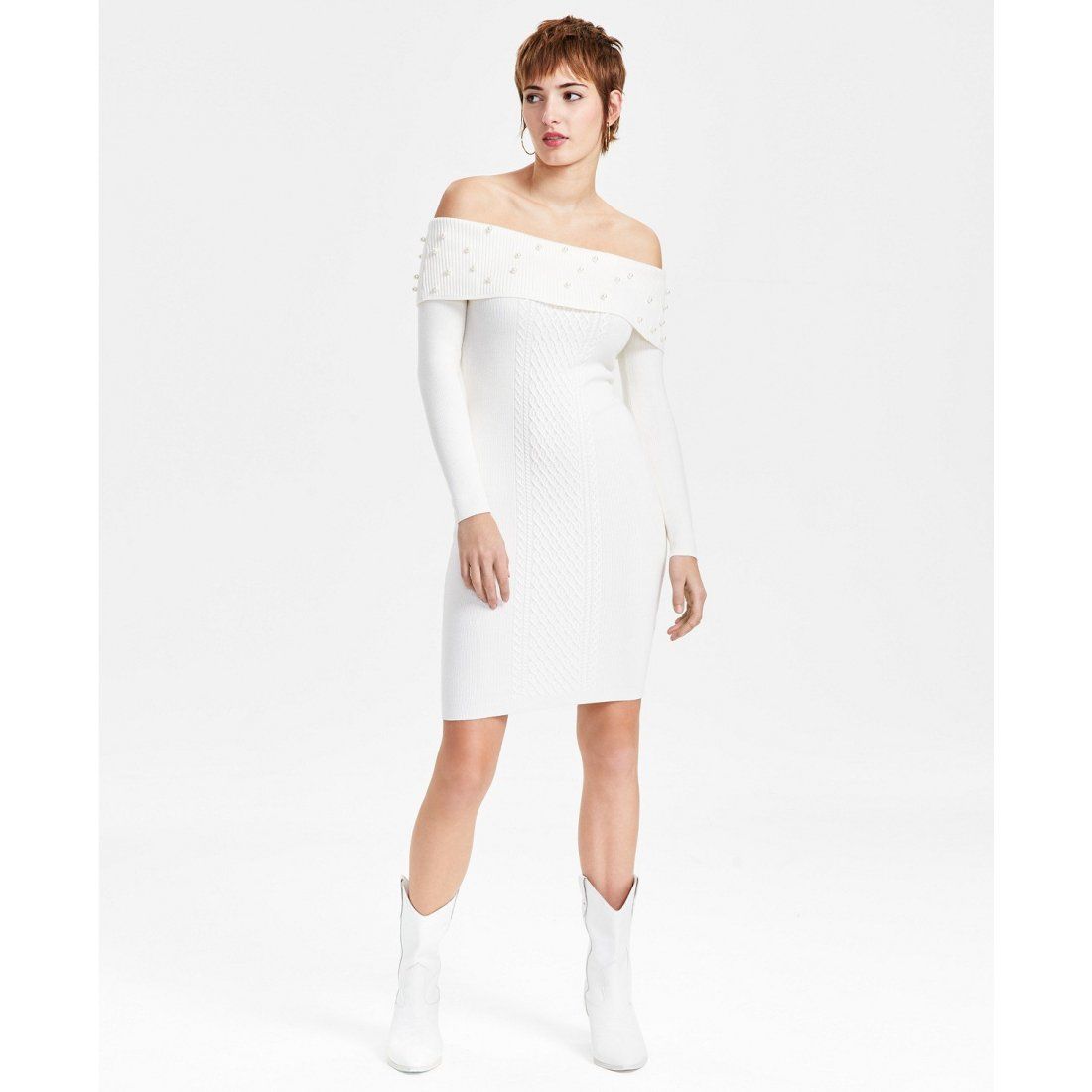 Guess - Robe à épaules dénudées 'Off-The-Shoulder Embellished Cable-Knit Dress' pour Femmes