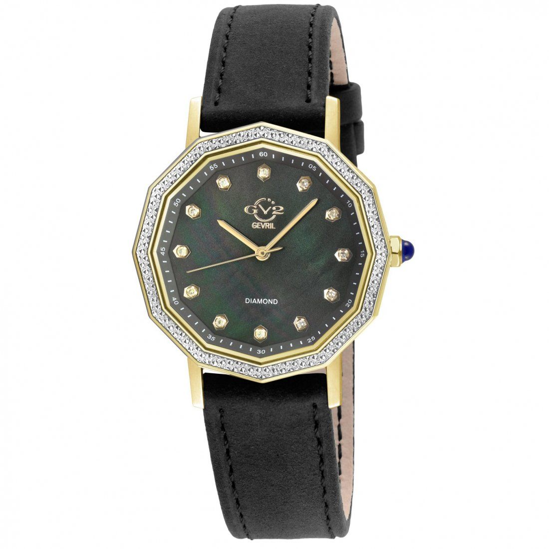 Gevril - Women's Spello II Women's IP Gold Case, Black MOP Dial, Black Handmade Italian Leather Strap Watch