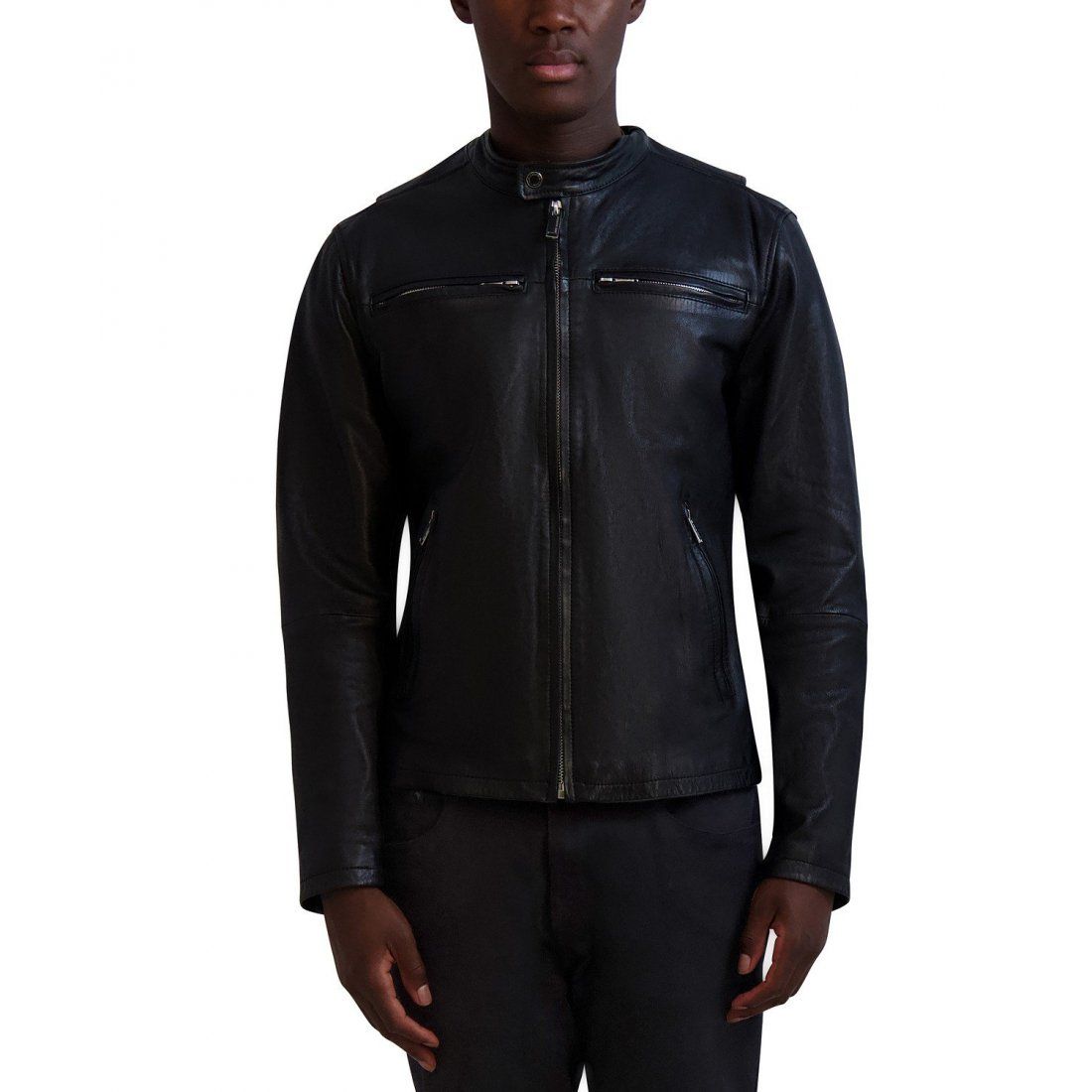 Karl lagerfeld - Veste en cuir 'Band-Collar Distressed' pour Hommes