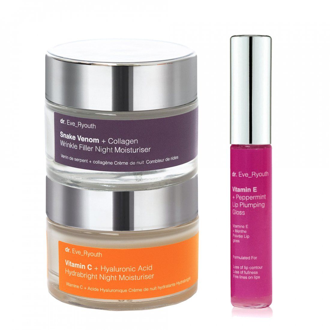 Dr. eve_ryouth - Brillant à lèvres volumateur, Combleur de rides, Hydratant de nuit 'Vit C + Hyaluronic + Snake Venom + Collagen + Vit E' - 3 Pièces