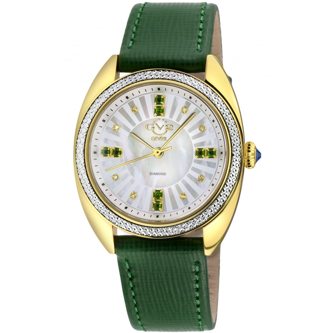 Gevril - Montre Palermo Swiss-Made Quartz White MOP Dial Green Hand Made Italian Leather Diamond pour femme