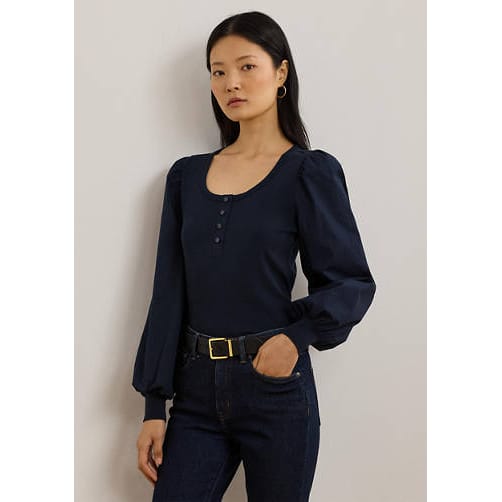 Lauren ralph lauren - 'Stretch Cotton Puff-Sleeve Henley Top' pour Femmes