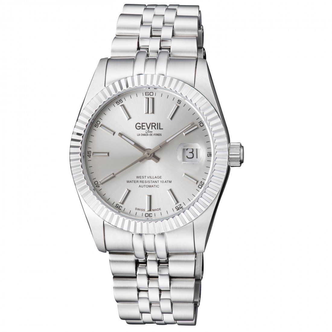 Gevril - Men's Automatic West Village Silver Sunray Dial Stainless Steel Bracelet Watch