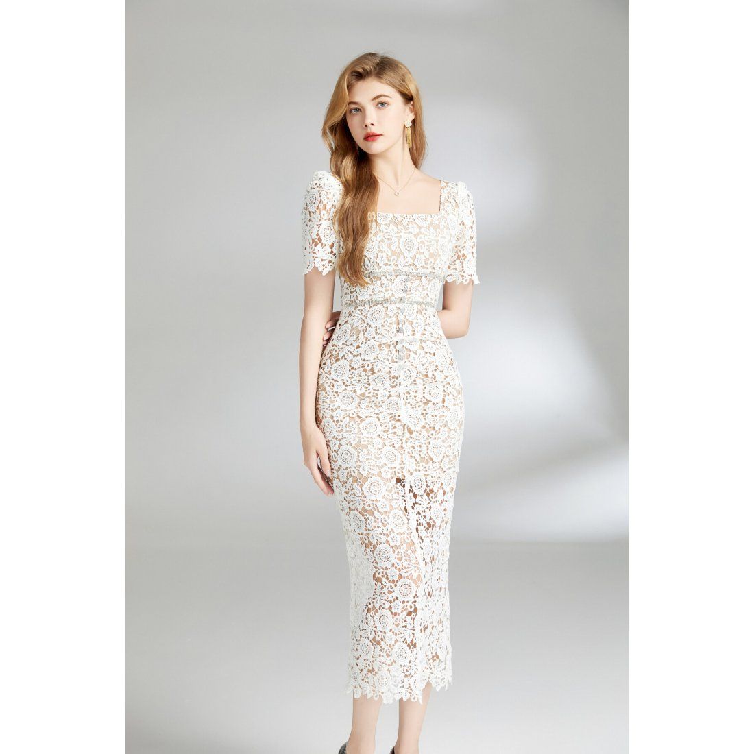 Dza -  Robe fourreau 'Water-Soluble Floral Fitted Waist Hollow-Out Lace' pour Femmes