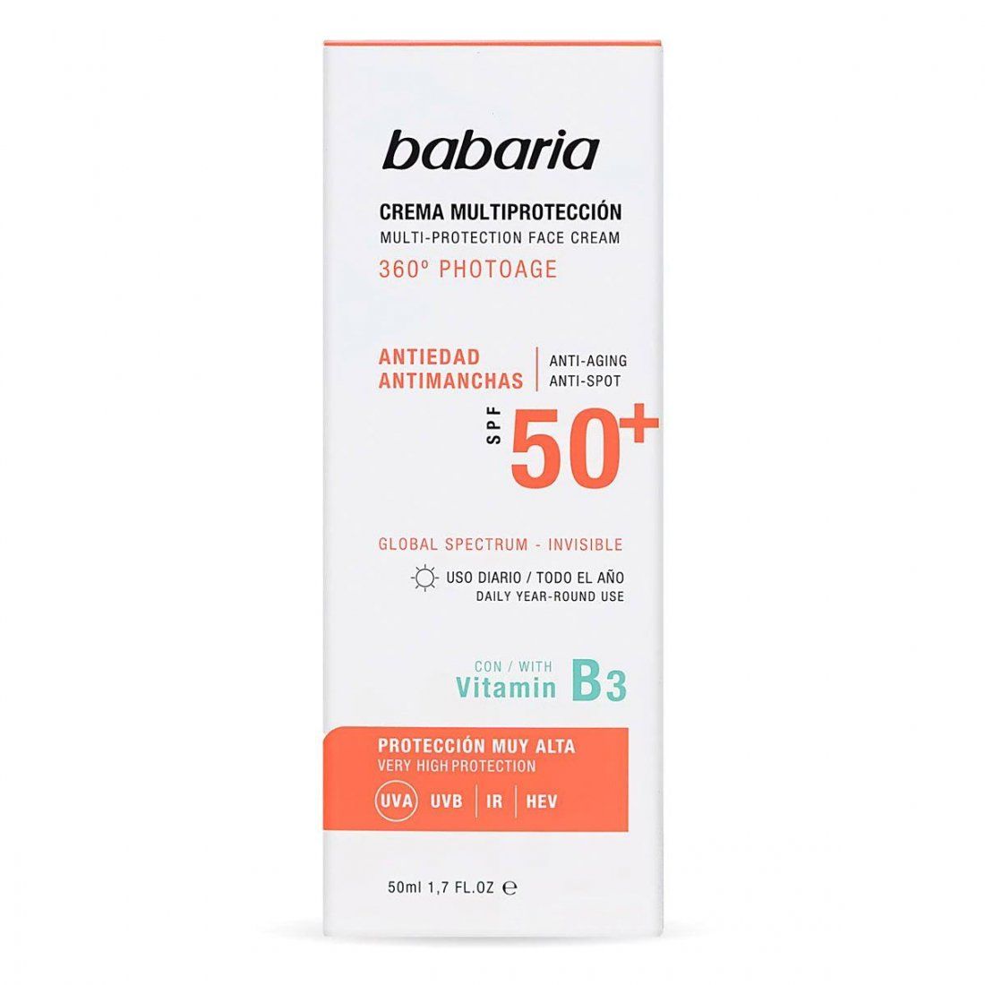 Babaria - Crème solaire pour le visage 'Solar Multi Protection Anti Dark Spots SPF50+' - Tous types de peau, 50 ml