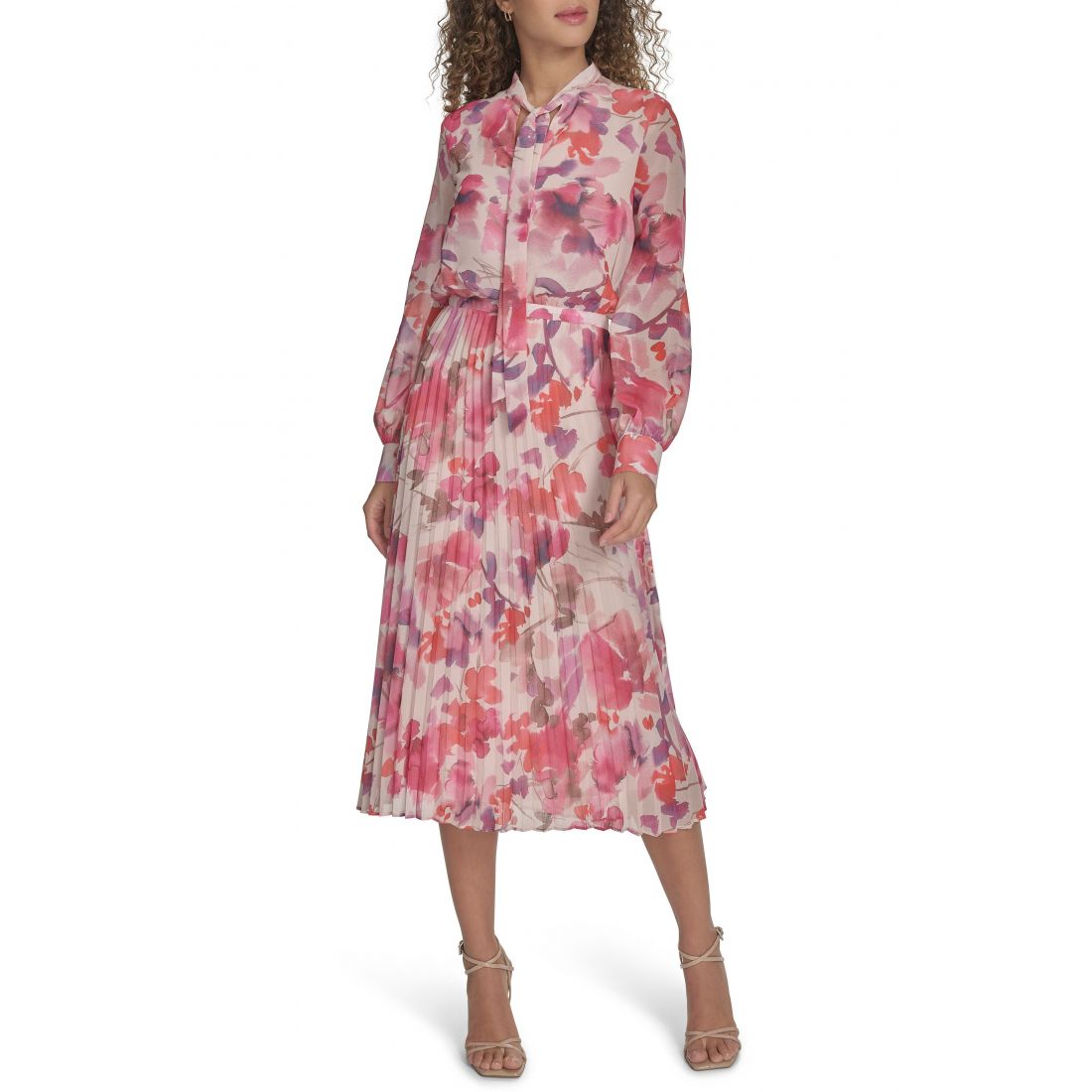 Calvin klein - Robe Midi 'Floral Tie Neck Long Sleeve Pleated Chiffon' pour Femmes