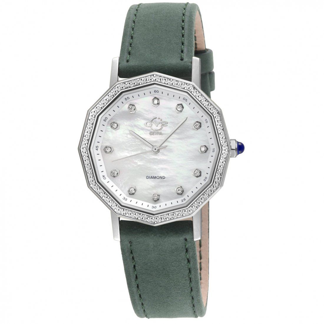 Gevril - Women's Spello II Women's SS Case, White MOP Dial, Black Handmade Italian Leather Strap Watch