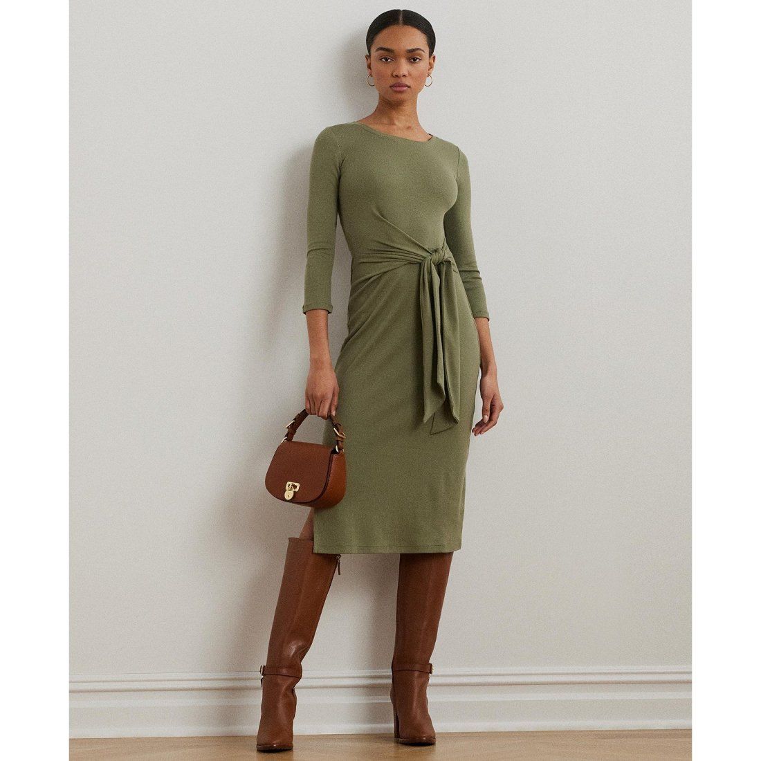 Lauren ralph lauren - "Robe à manches longues 'Tie-Front Cotton-Blend Crewneck' pour Femmes"