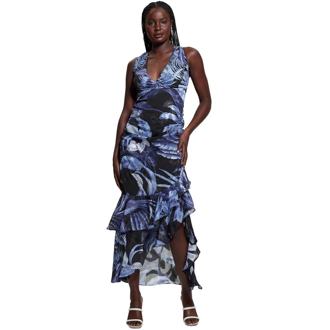 Guess - Robe maxi 'Ava Printed Mesh Ruffled Maxi Dress' pour Femmes