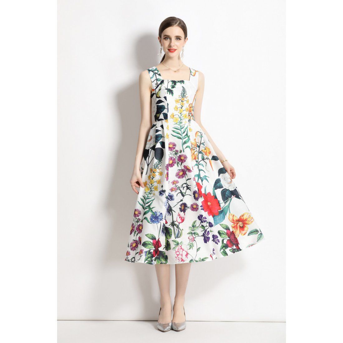 Dza - Robe 'Vintage Floral High-Waisted Spaghetti Strap' pour Femmes
