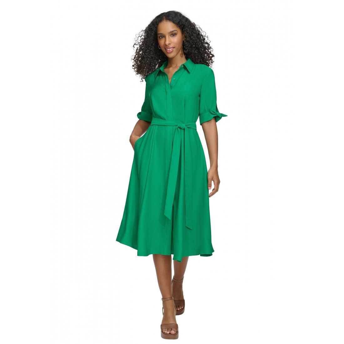 Calvin klein - Robe Midi 'Elbow Sleeve Collared Tie Waist' pour Femmes