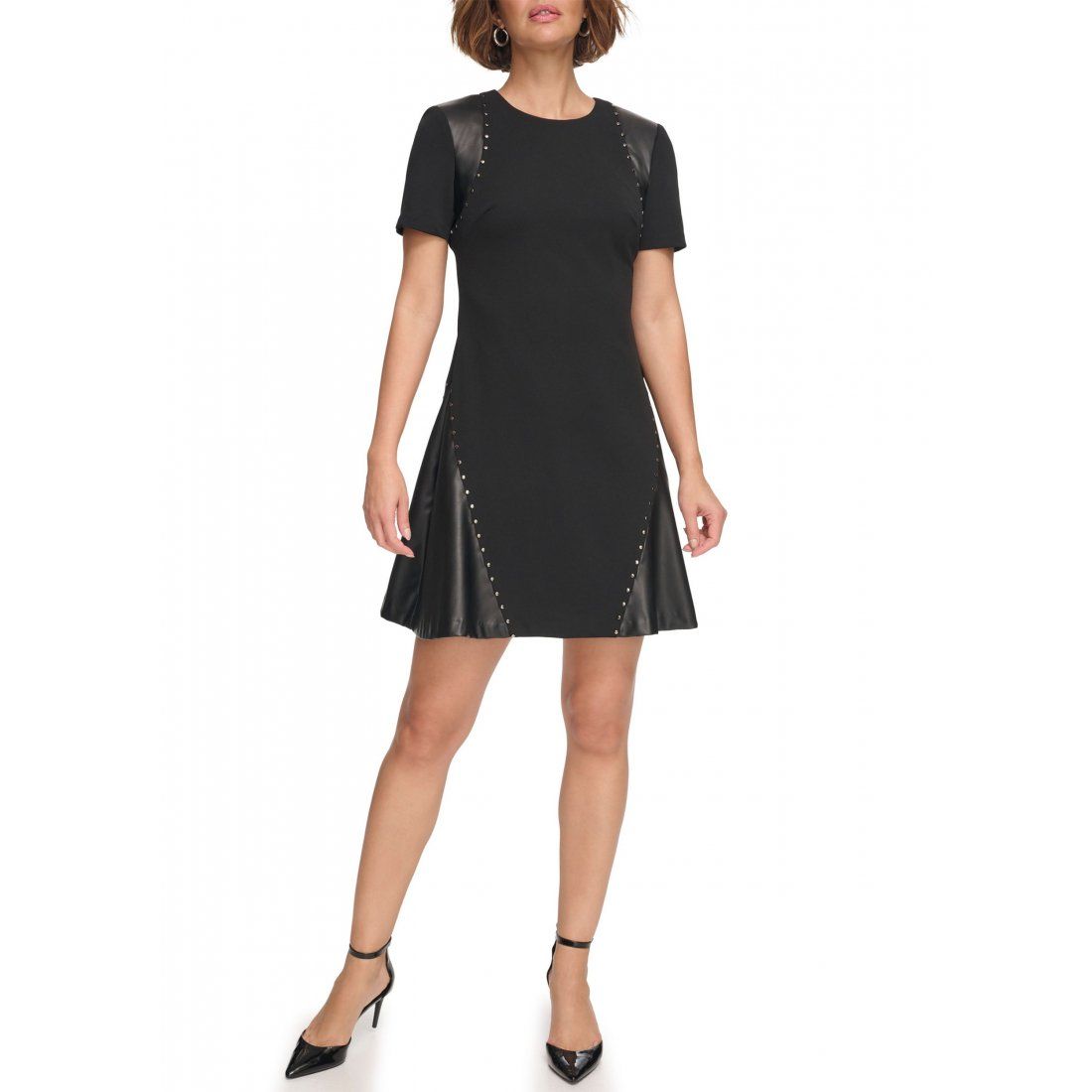 Dkny - Robe fourreau 'Short Sleeve Leather Detail Flare' pour Femmes