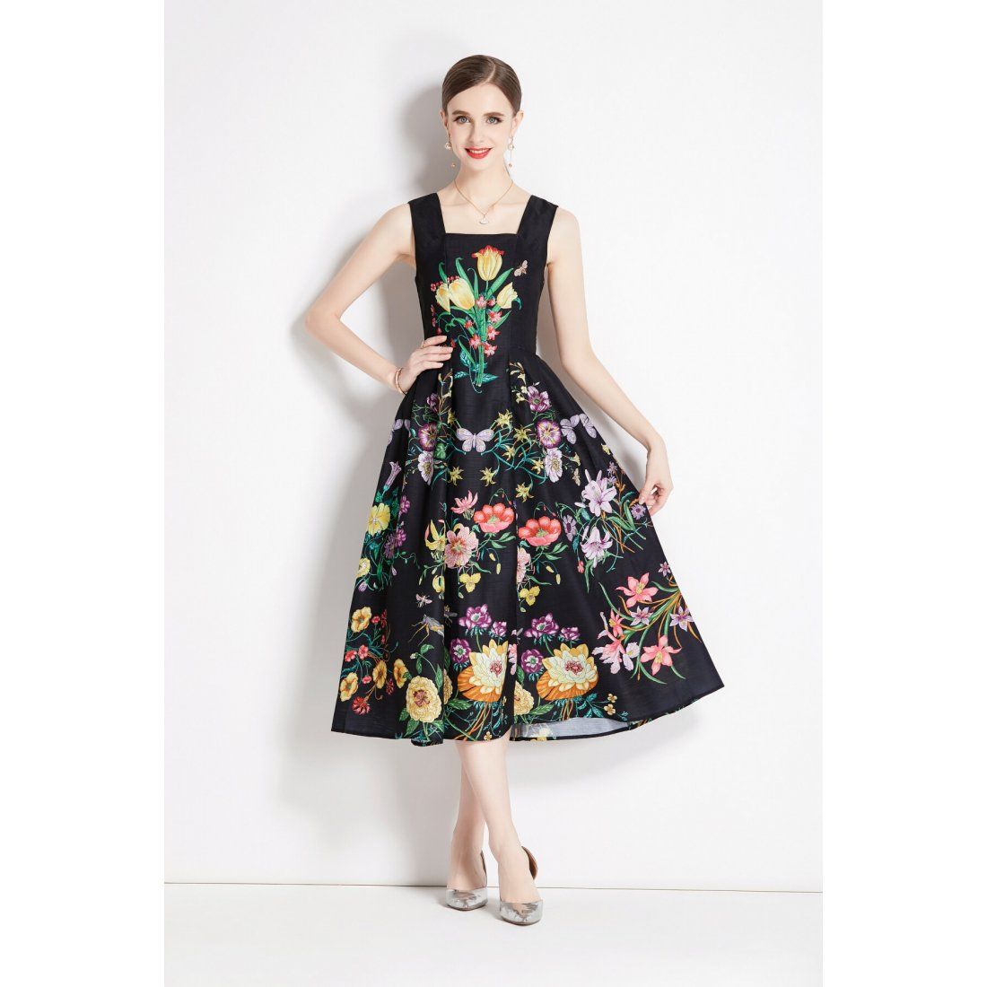 Dza - Robe 'Vintage Floral High-Waisted Spaghetti Strap' pour Femmes