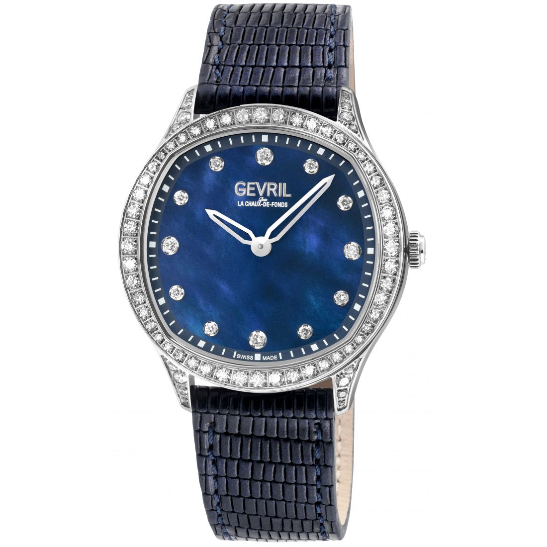 Gevril - Montre Morcote Swiss Diamond pour femme, boîtier en acier inoxydable 316L, MOP bleu, bracelet en cuir italien véritable