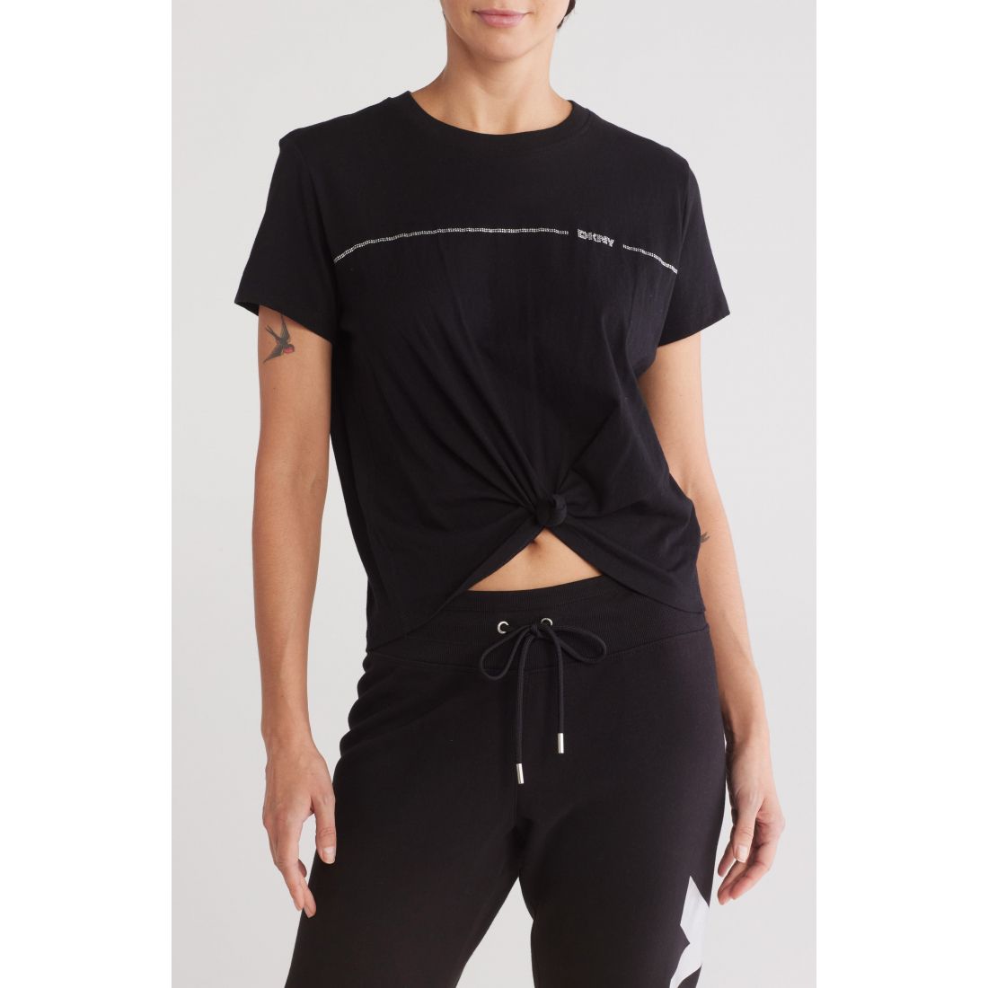 Dkny - T-shirt 'Rhinestone Stripe Logo Knotted' pour Femmes