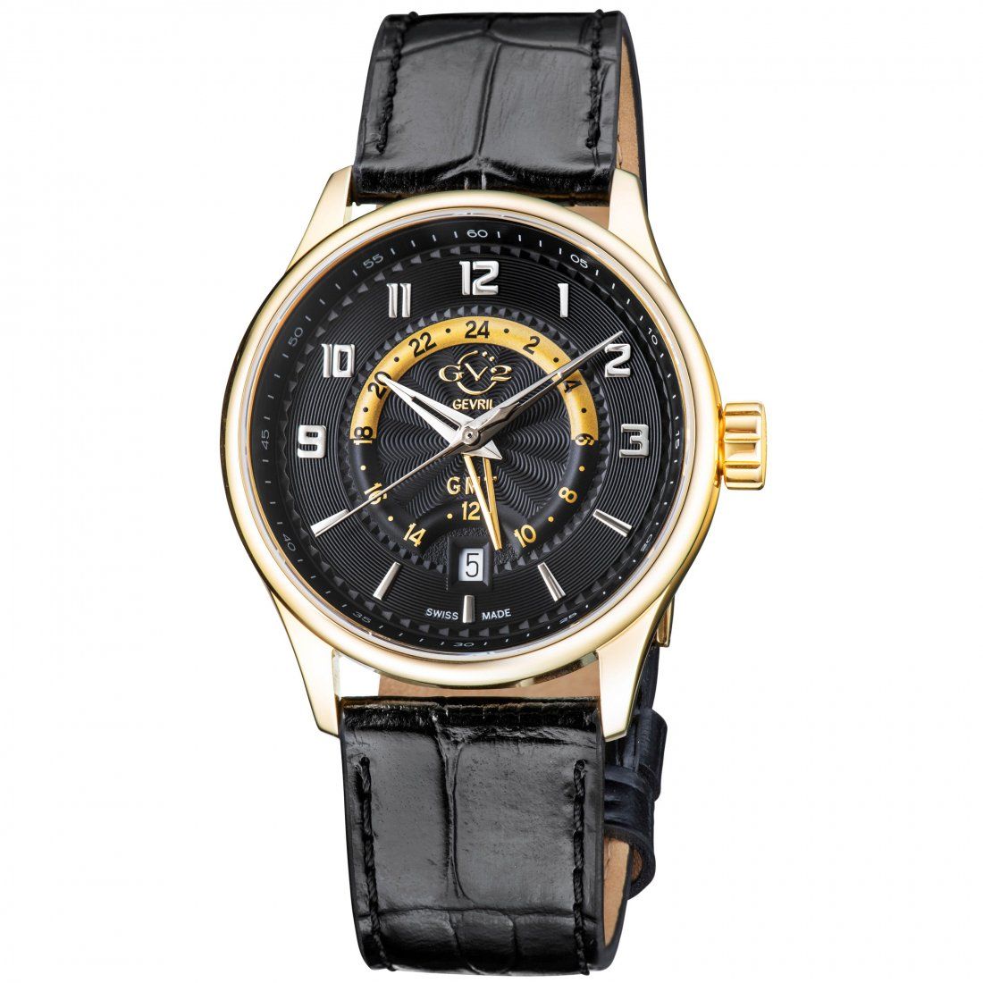 Gevril - Men's Giromondo Black Dial Black Calfskin Leather Watch