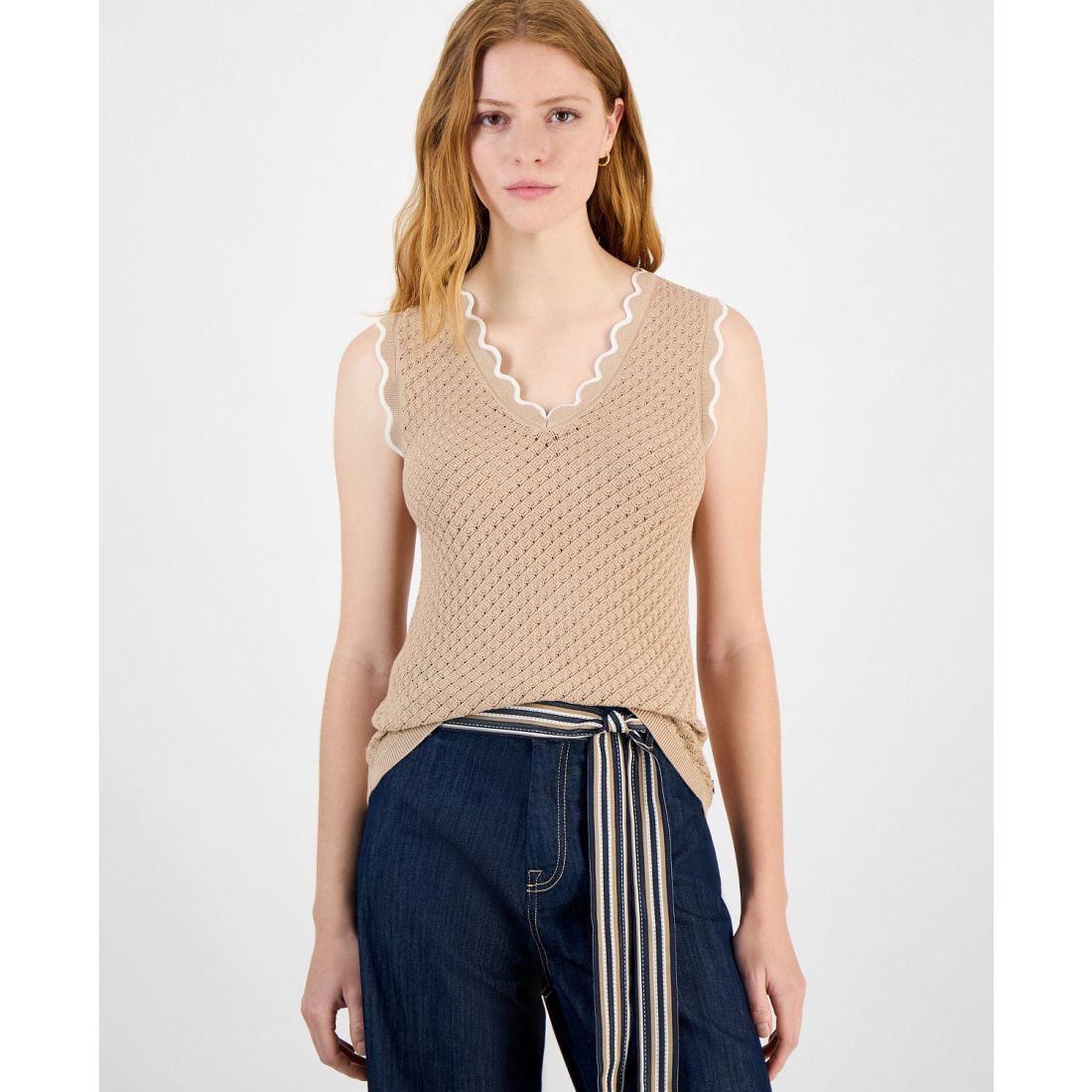 Tommy hilfiger - 'Scalloped-Edge Pointelle Sweater' pour Femmes