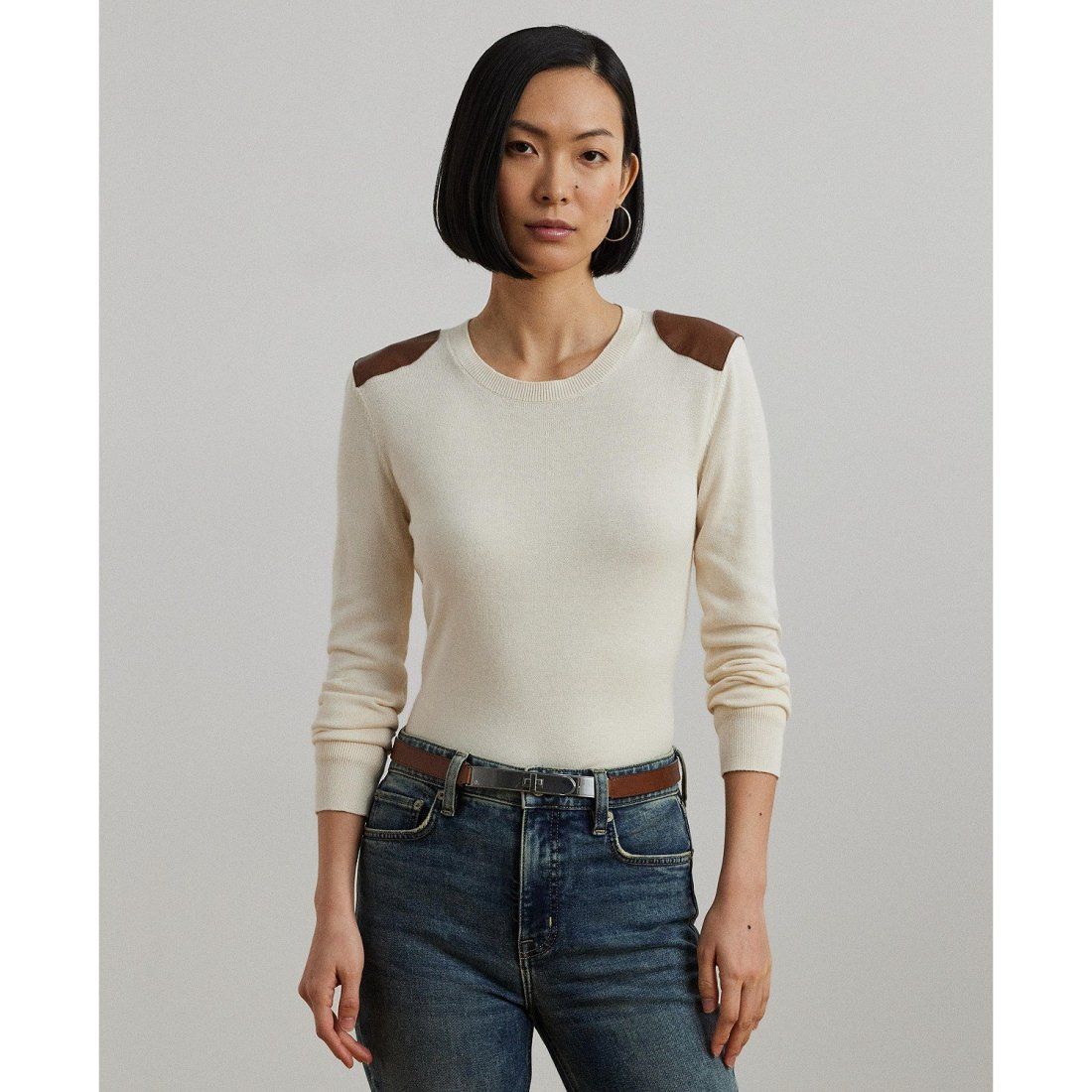 Lauren ralph lauren - 'Faux-Leather-Trim Cotton-Blend Sweater' pour Femmes