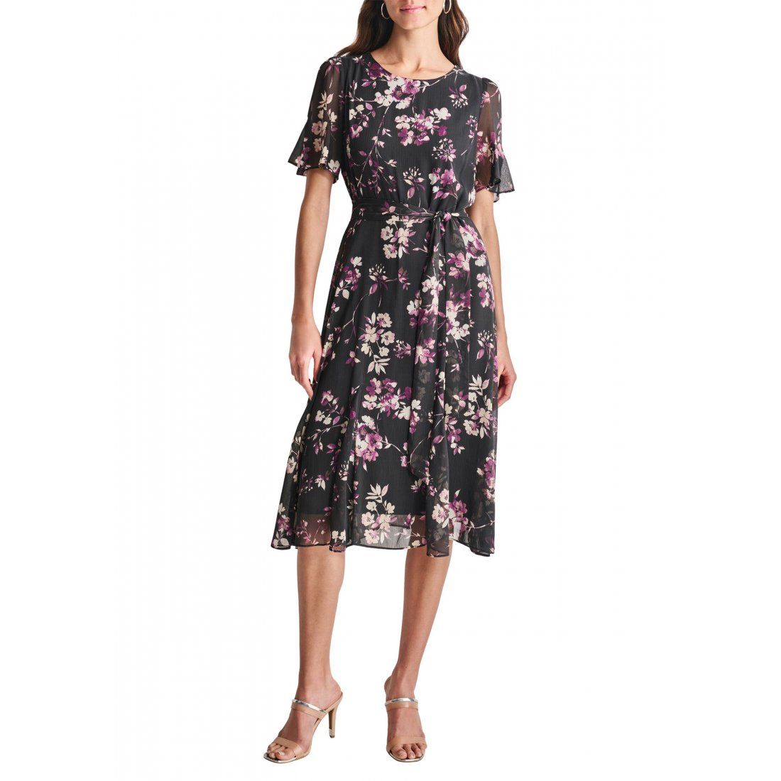 Dkny - Robe Midi 'Short Sleeve Round Neck Printed Chiffon' pour Femmes
