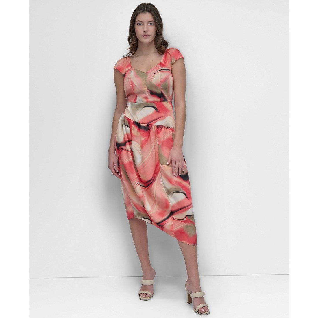 Dkny - Robe Midi 'Short Sleeve Printed Satin' pour Femmes
