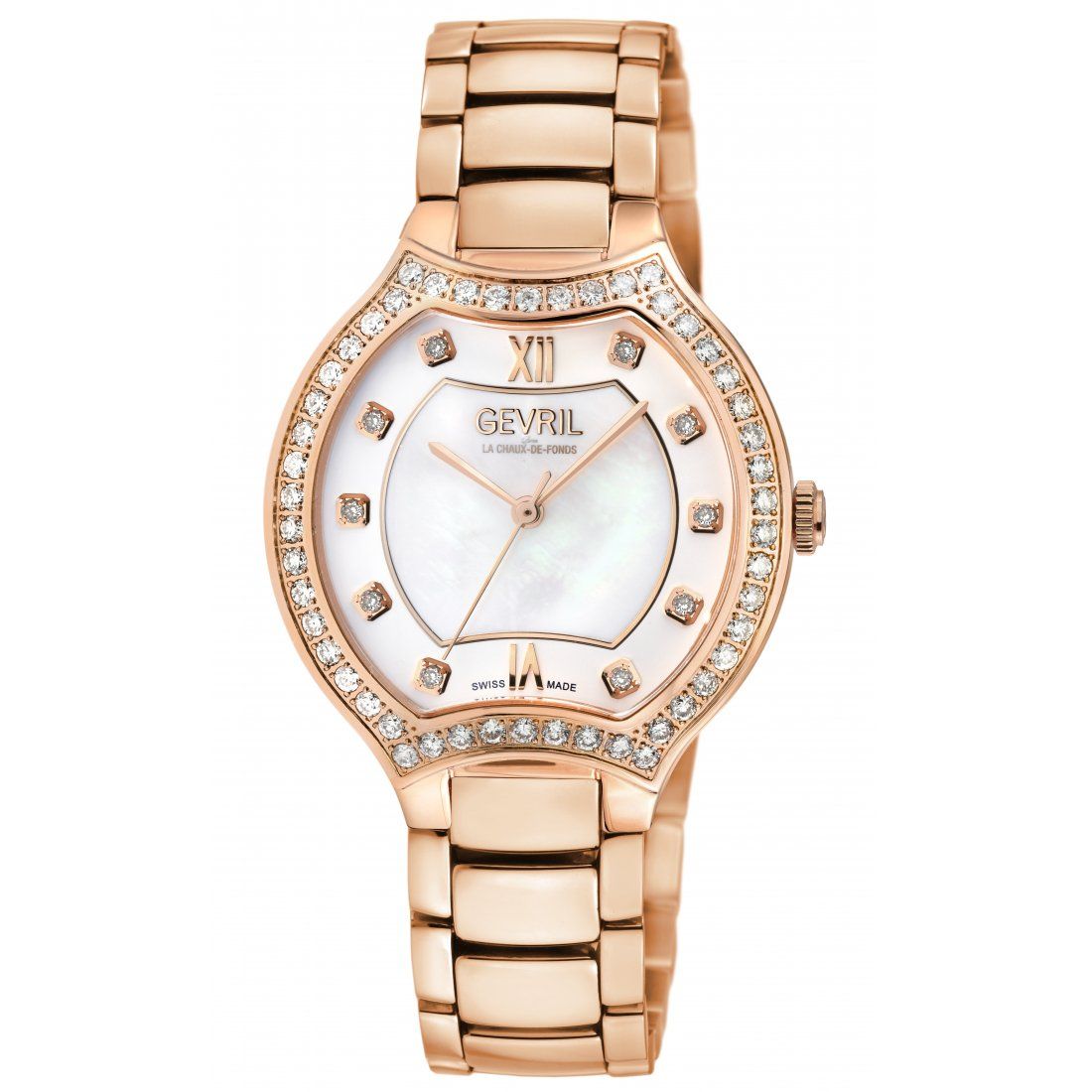 Gevril - Women's Lugano Swiss Diamond, White MOP Dial, 316L Stainless Steel IPRG Case Watch