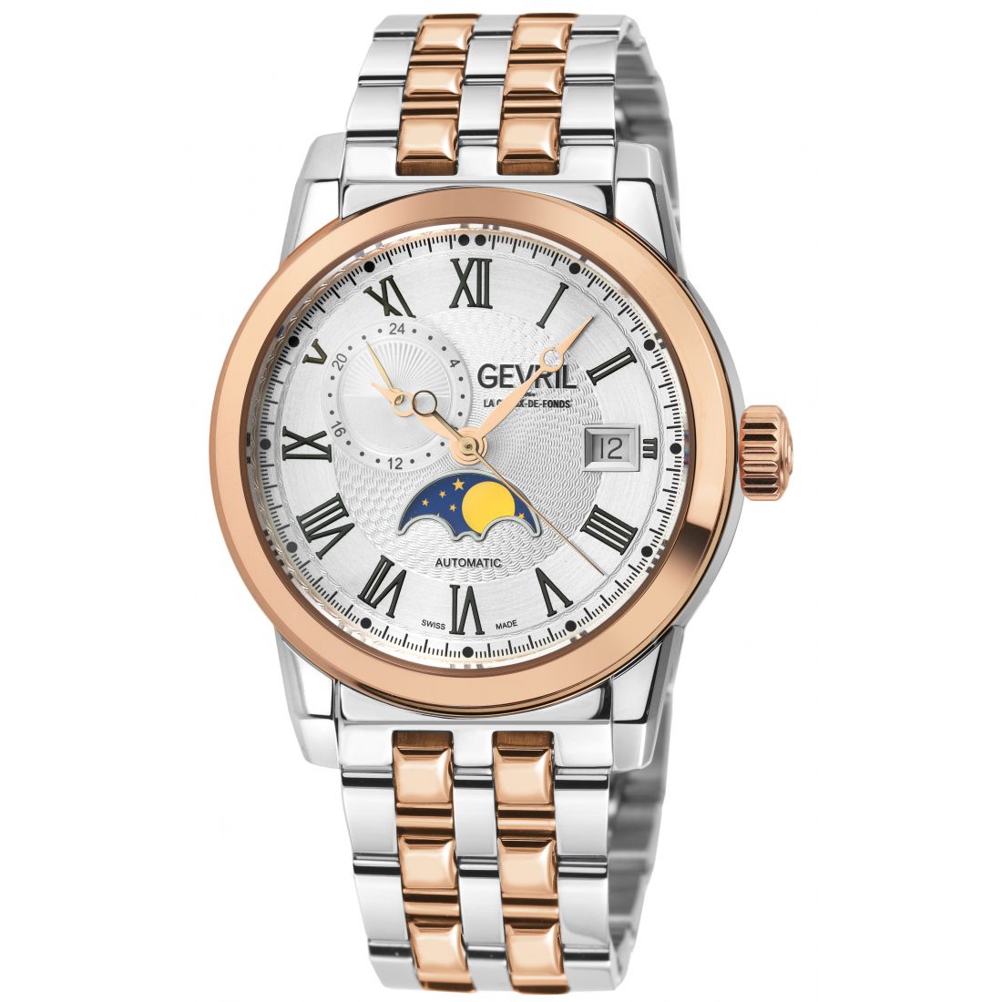 Gevril - Men's Madison Moon phase Open Heart, SS IPRG Case,Silver/Black Dial, 316L Stainless Steel IPRG  Bracelet Swiss Automatic Watch
