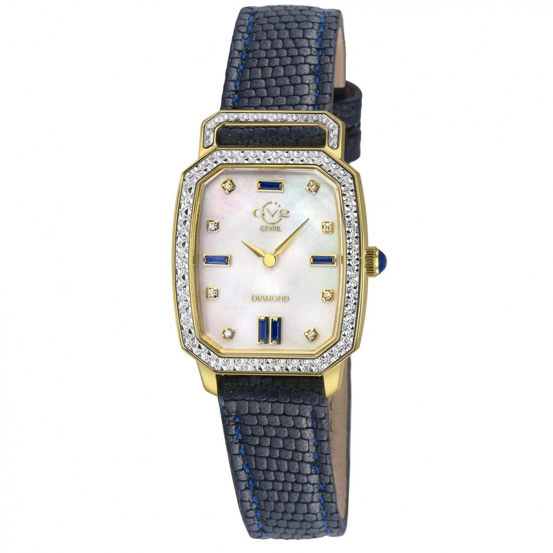Gevril - Women's Pavia Diamond Watch, IPYG Case, White MOP Dial, Light Blue Handmade Italian Leather Strap Watch