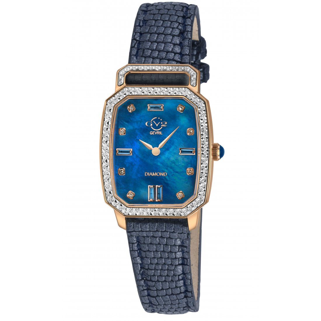 Gevril - Women's Pavia Diamond Watch, IPRG Case, Dark Blue MOP Dial, Light Blue Handmade Italian Leat...