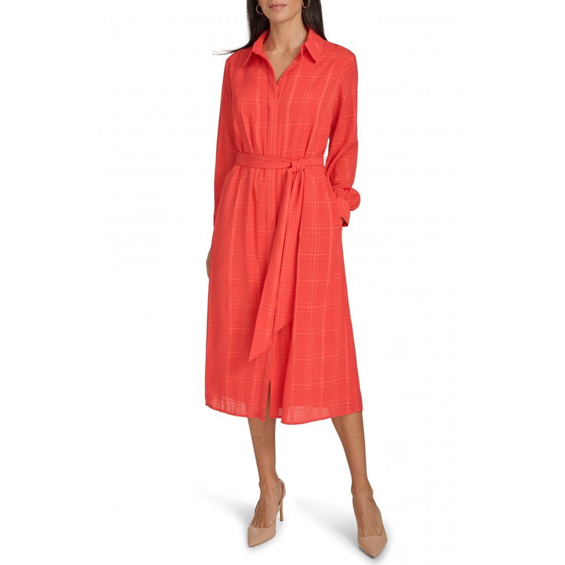Calvin klein - Robe chemise 'Plaid Long Sleeve Chiffon' pour Femmes