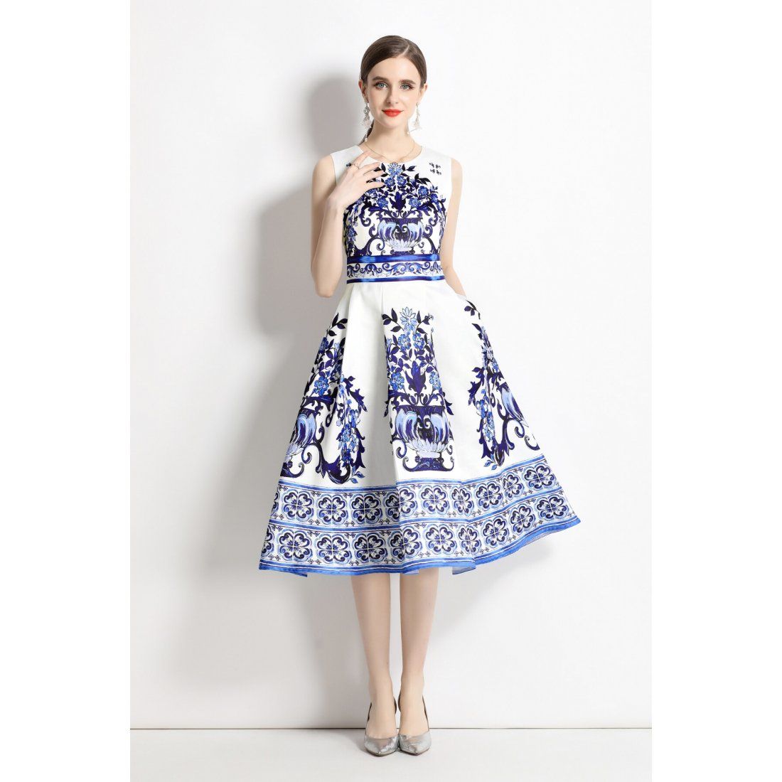 Dza - Robe Midi 'Vintage Sleeveless Waist-Cinching Floral' pour Femmes