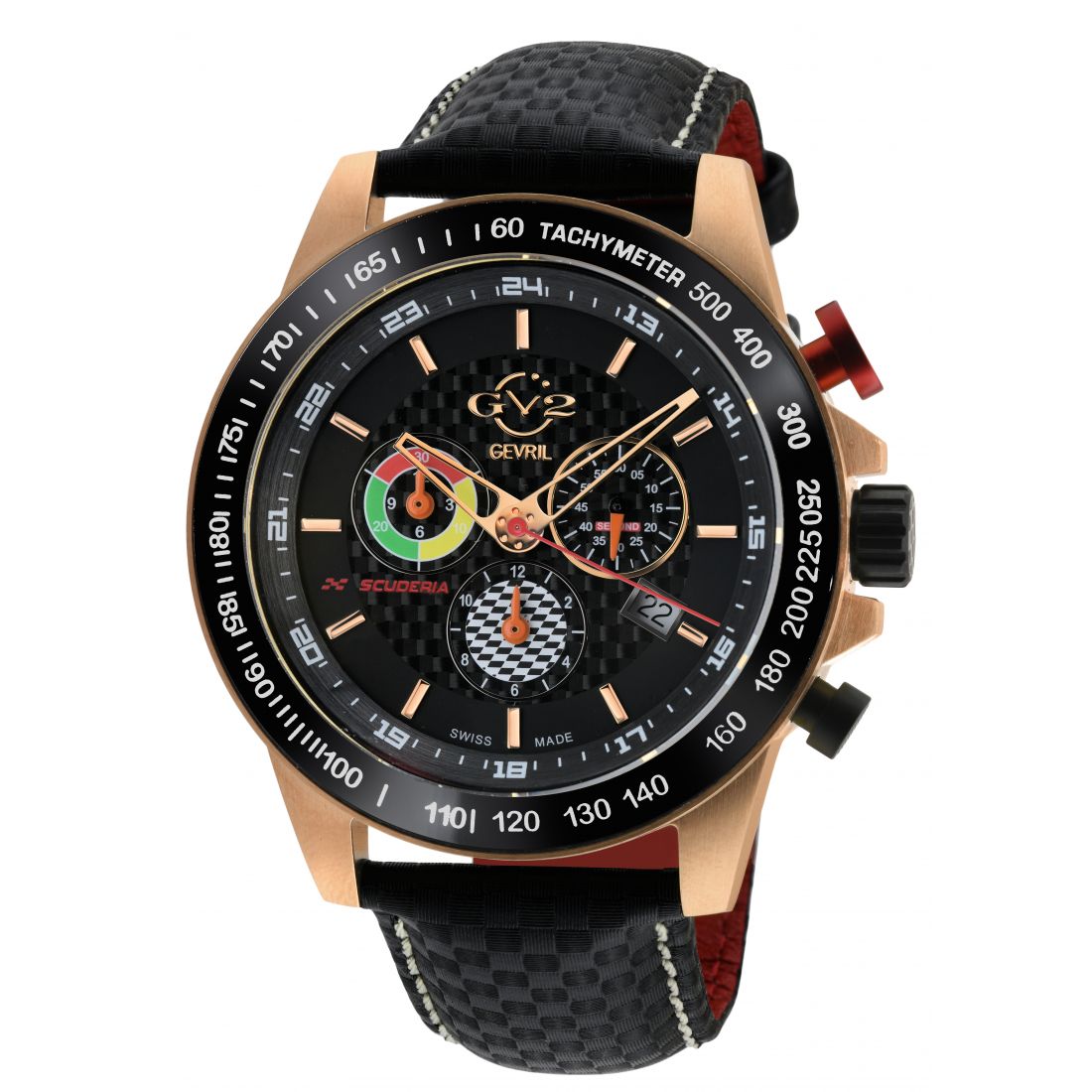 Gevril - Gv2 Men's Scuderia Black Dial Black Leather Chronograph Date Watch